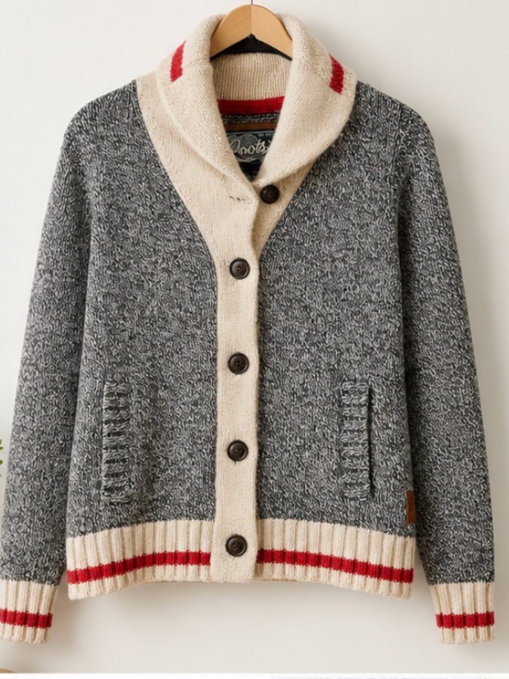 Roots Cabin Wool Blend Shawl Collar Cardigan Grey Cream Red M